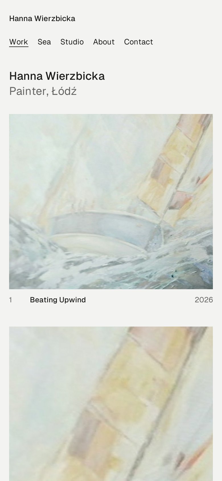Her portfolio on the phone, in the Stack theme: the sailing-boat painting from the easel, titled Beating Upwind.